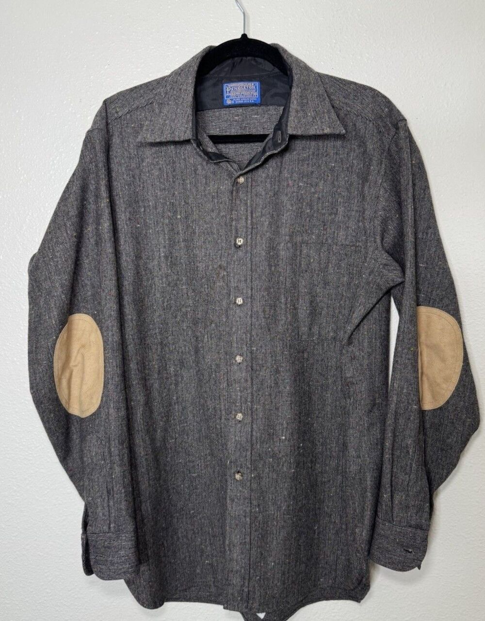 Pendleton Shirt Mens Button-Up Wool Elbow Patches Gray Made In USA Size Large